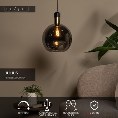 Lucide JULIUS - Pendelleuchten - Ø 40 cm - 1xE27 - Rauchfarbe Grau